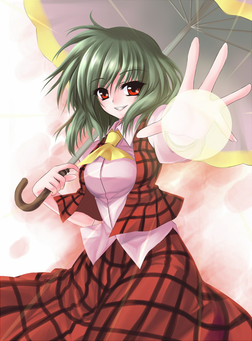 utakata (kochou no yume), kazami yuuka, touhou, 1girl, female focus, green hair, grin, magic, outstretched arm, outstretched hand, plaid clothes, plaid skirt, plaid vest, red eyes, short hair, skirt, skirt set, smile, solo, umbrella, vest