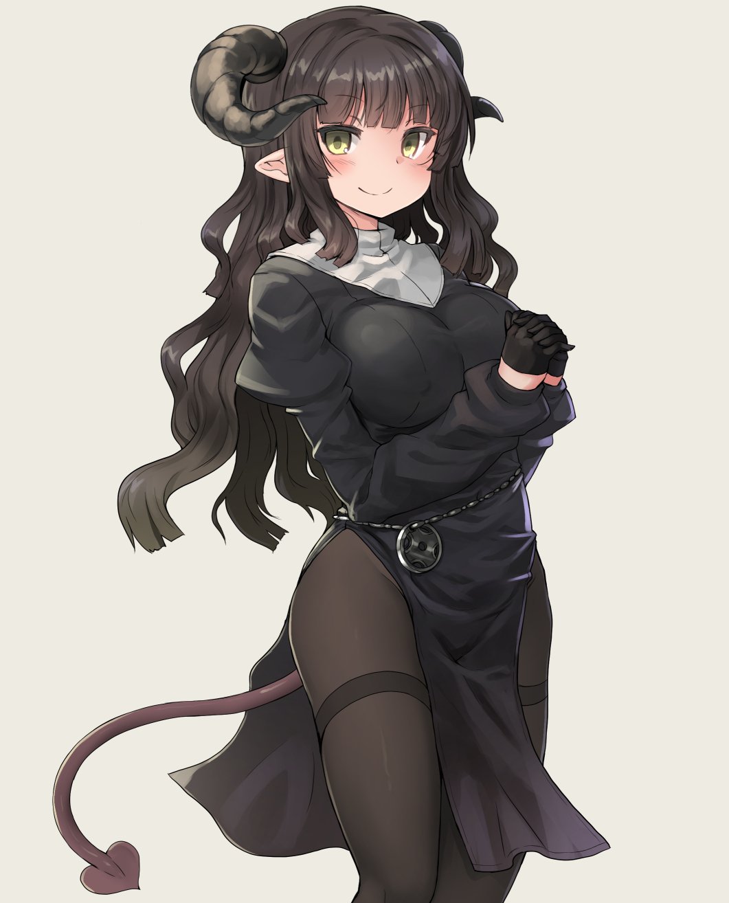 itou ryuusei, original, commentary request, highres, 1girl, black gloves, black pantyhose, brown hair, cowboy shot, demon girl, demon horns, demon tail, gloves, green eyes, horns, long hair, long sleeves, looking at viewer, own hands clasped, own hands together, pantyhose, pelvic curtain, pointy ears, simple background, smile, solo, tail