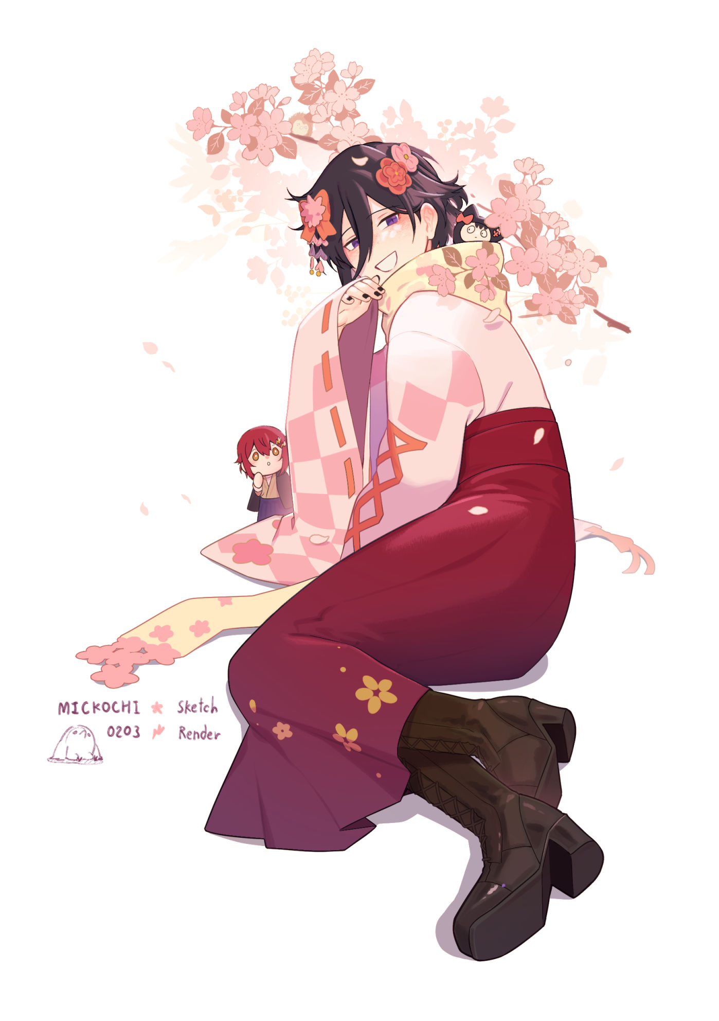 mono (bluesky), hanasaki miyabi, hanasaki miyabi (4th costume), kanade izuru, holostars, artist collaboration, commentary, english commentary, highres, 2boys, :d, androgynous, black boots, black hair, black nails, block heels, boots, branch, checkered clothes, checkered kimono, cherry blossoms, chibi, cosplay, costume switch, creature, cross-laced clothes, cross-laced sleeves, falling petals, flower, flower trim, full body, hair between eyes, hair flower, hair ornament, hairclip, hakama, half updo, hanasaki miyabi (cosplay), hand to own mouth, japanese clothes, kanade izuru (4th costume), kanade izuru (cosplay), kanzashi, kimono, lightning bolt, lightning bolt hair ornament, lightning bolt symbol, long hair between eyes, long sleeves, looking at viewer, looking to the side, male focus, mickochibee, mini person, mini person in clothes, miniboy, multiple boys, nail polish, official alternate costume, open mouth, petals, pink kimono, purple eyes, red hair, red hakama, ribbon-trimmed sleeves, ribbon trim, scarf, shoe soles, short hair, simple background, sitting, size difference, smile, solo focus, tsumami kanzashi, unhinged izuru (kanade izuru), virtual youtuber, white background, wide sleeves, yellow eyes, yellow scarf, yokozuwari