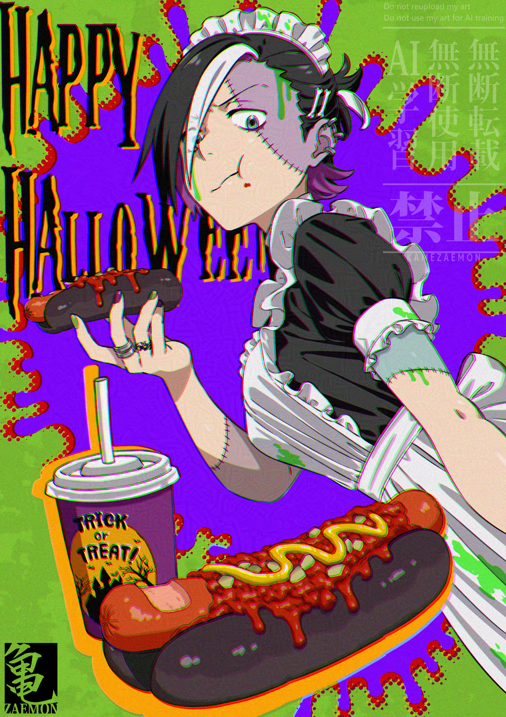 kamezaemon, iwado anna, original, commentary request, highres, 1girl, apron, artist name, black hair, eating, food, frilled apron, frills, happy halloween, holding, holding food, hot dog, hot dog bun, maid, maid apron, maid headdress, multicolored hair, mustard, short hair, solo, streaked hair, trick or treat, white apron
