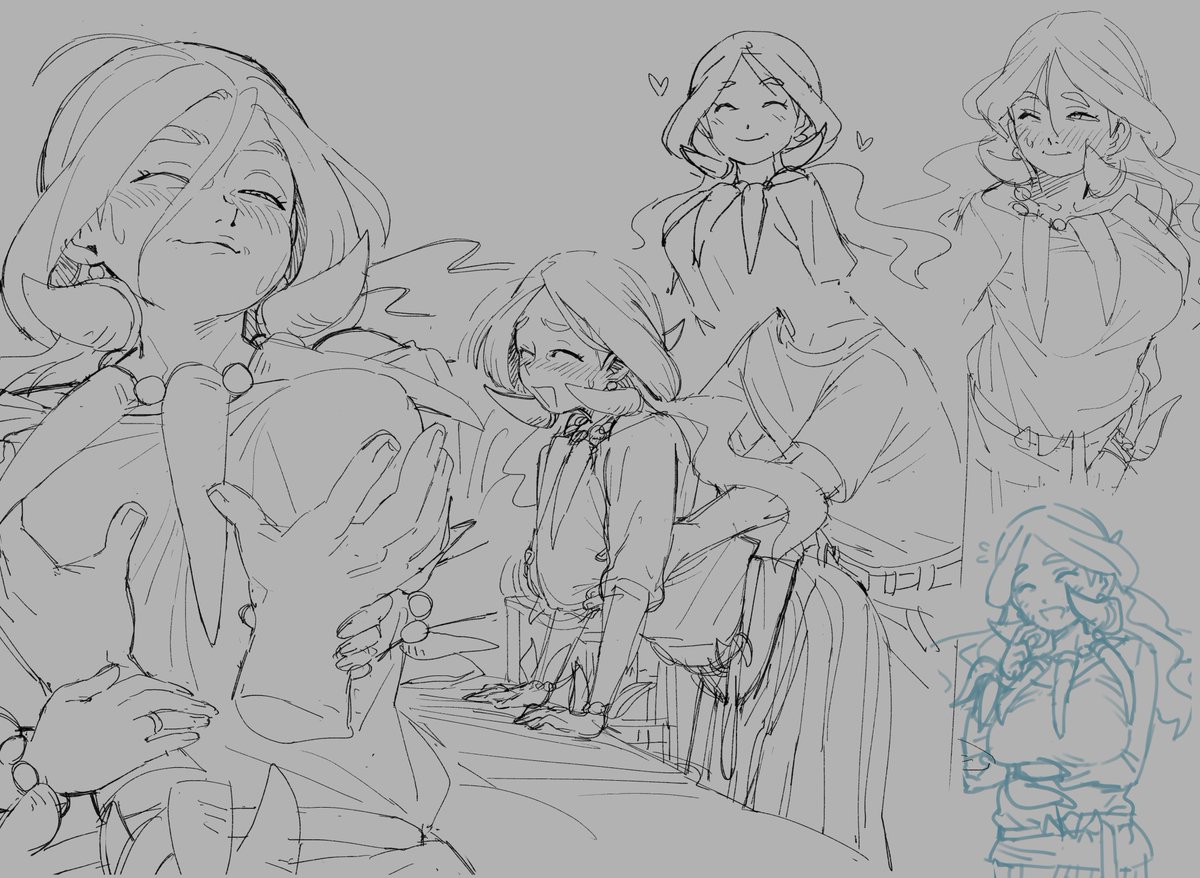 woogleboy, drasna (pokemon), nintendo, pokemon, pokemon xy, commentary, 1boy, 1girl, ^ ^, blush, bracelet, breasts, closed eyes, disembodied hand, dress, earrings, furrowed brow, grabbing another's breast, grabbing from behind, greyscale, groping, half-closed eyes, hands on another's hands, heart, jewelry, large breasts, leaning forward, long dress, long hair, long sleeves, mature female, monochrome, necklace, one eye closed, open mouth, ring, sketch, smile, sweatdrop, tooth earrings, tooth necklace