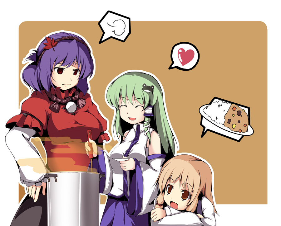 fujy, kochiya sanae, moriya suwako, yasaka kanako, touhou, 3girls, blonde hair, cooking, curry, detached sleeves, family bonding, female focus, food, green hair, hair ornament, heart, leaf hair ornament, long hair, multiple girls