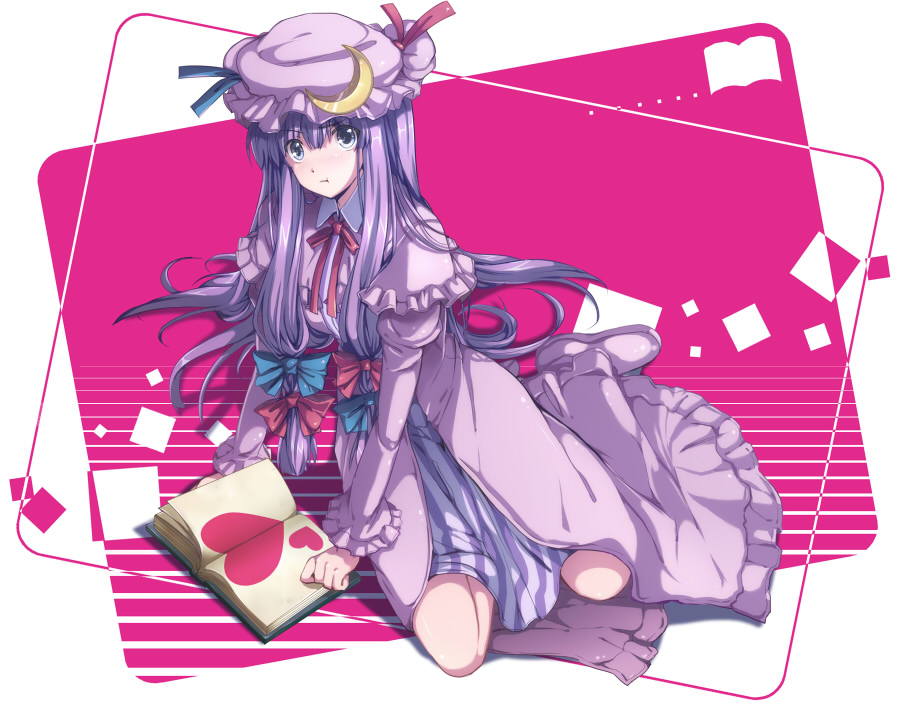 6u (eternal land), kiyu, patchouli knowledge, touhou, bad id, bad pixiv id, 1girl, :t, angry, blue eyes, book, crescent, female focus, hat, heart, long hair, purple hair, solo