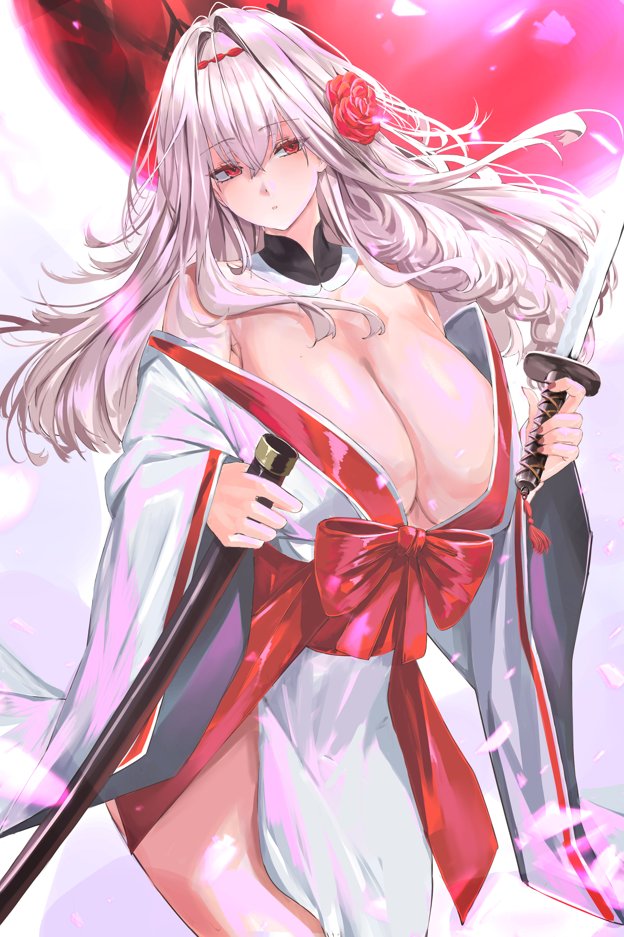 nuo (fttv3255), scarlet (nikke), goddess of victory: nikke, absurdres, commentary request, highres, 1girl, bare shoulders, breasts, cleavage, grey hair, japanese clothes, katana, kimono, large breasts, long hair, long sleeves, looking at viewer, off shoulder, red eyes, sash, sheath, solo, sword, weapon, white kimono, wide sleeves
