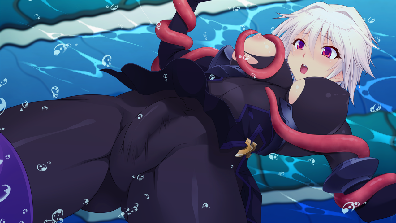 saitou natsuki, suhamaya, arisia hellioxenes, kourin tenshi en ciel rena, game cg, large variant set, non-web source, official art, variant set, 1girl, air bubble, blush, bodysuit, breasts, bubble, bulge, erection, erection under clothes, futanari, futasub, large breasts, nipples, open mouth, purple eyes, red eyes, restrained, short hair, skin tight, solo, tentacles, tentacles under clothes, torn clothes, underwater, underwear, white hair