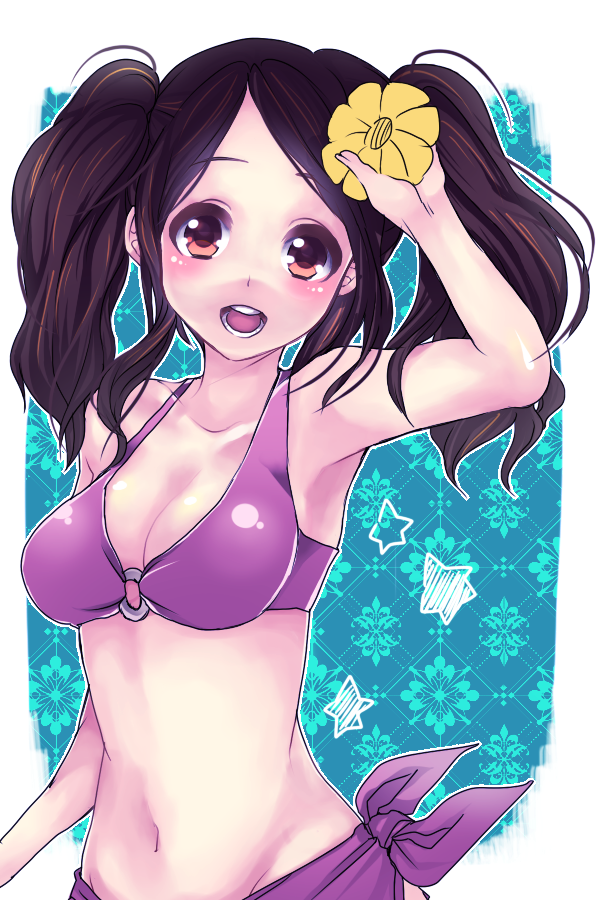 mokemoke, ruriruno, nakata sae, amagami, 1girl, bikini, breasts, brown eyes, brown hair, cleavage, female focus, flower, hair flower, hair ornament, open mouth, solo, swimsuit, twintails