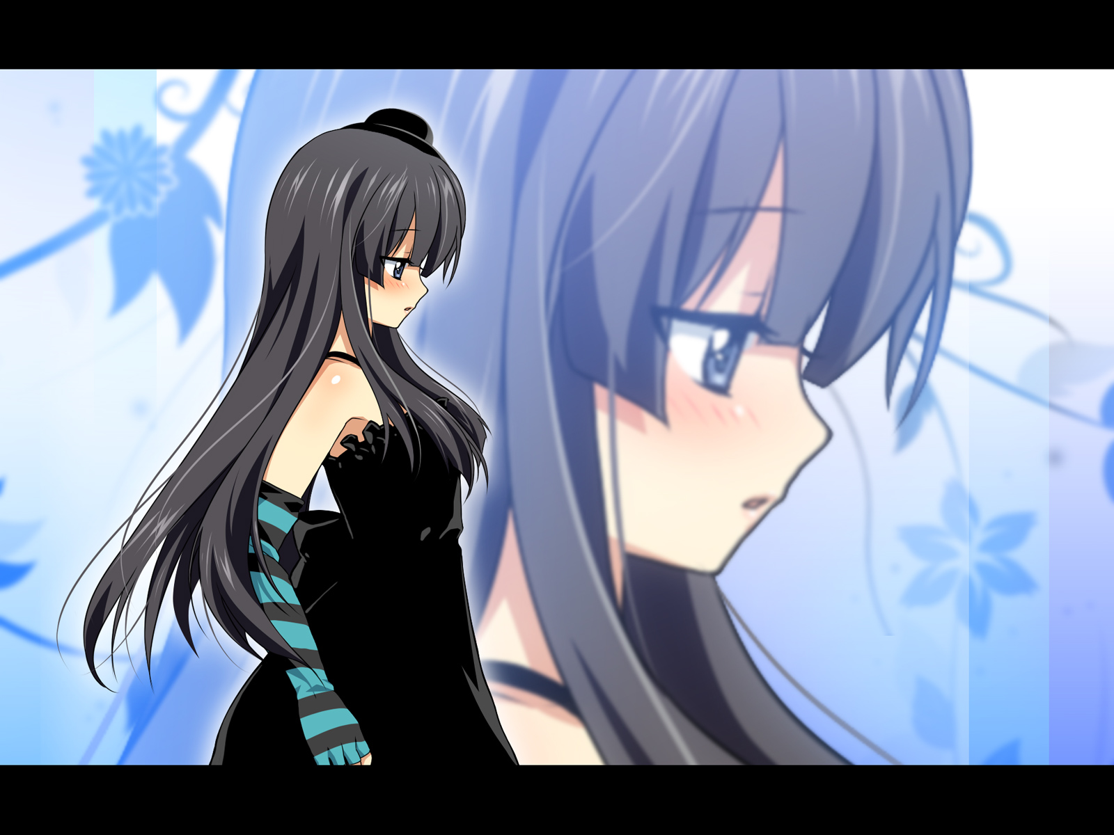 isobe, akiyama mio, don't say "lazy", k-on!, striped, bad id, bad pixiv id, highres, 00s, 1girl, black hair, blue eyes, blunt bangs, blush, dress, elbow gloves, female focus, fingerless gloves, gloves, hat, hime cut, letterboxed, mini hat, mini top hat, solo, top hat, zoom layer