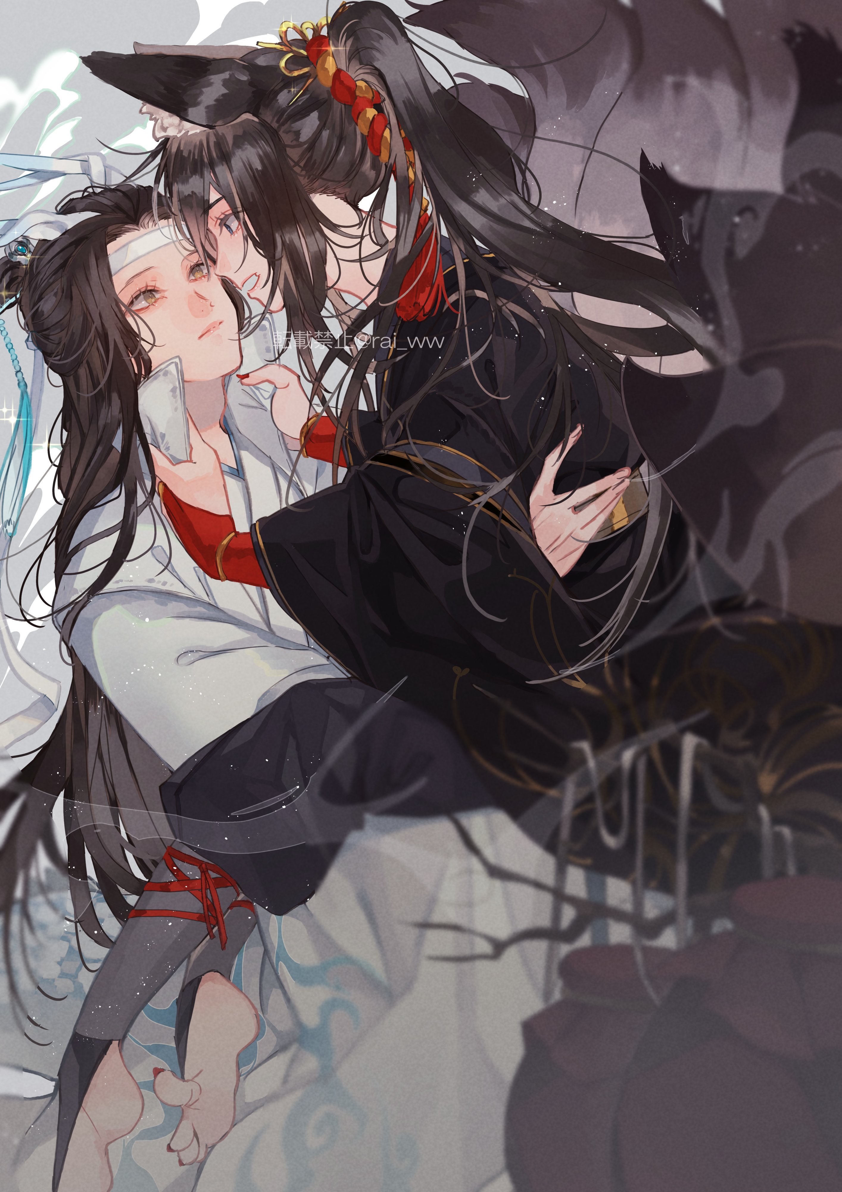 amana raika, lan wangji, wei wuxian, modao zushi, absurdres, commentary request, highres, 2boys, adapted costume, adjusting another's clothes, alcohol, alternate costume, animal ears, barefoot, bishounen, black hair, black kimono, blue eyes, bridal gauntlets, closed mouth, clothes grab, couple, dragon boy, dragon horns, dragon tail, eastern dragon horns, eastern dragon tail, eye contact, eyelashes, fox boy, fox ears, fox tail, hair ornament, headband, horns, hug, japanese clothes, jug (bottle), kemonomimi mode, kimono, kitsune, kyuubi, leg lock, light particles, long hair, long sleeves, looking at another, male focus, multiple boys, multiple tails, nail polish, open mouth, ponytail, red bridal gauntlets, red nails, robe, sash, sitting, sitting on lap, sitting on person, smile, smoke, sparkle, tail, tassel, tassel hair ornament, toenail polish, toenails, topknot, white headband, white kimono, wide sleeves, xiao guan (headdress), yaoi, yellow eyes, yellow sash