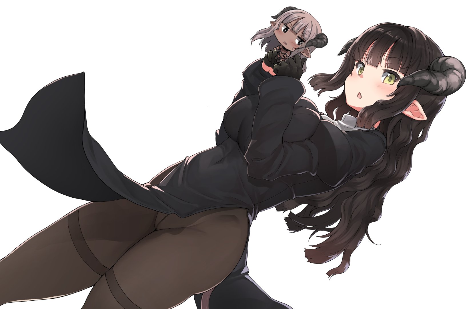 itou ryuusei, original, commentary request, highres, 2girls, black hair, black pantyhose, breasts, brown hair, cowboy shot, dark-skinned female, dark skin, demon girl, demon horns, demon tail, dutch angle, fang, green eyes, horns, mini person, minigirl, multiple girls, open mouth, pantyhose, pelvic curtain, pointy ears, simple background, skin fang, sweatdrop, tail, white background