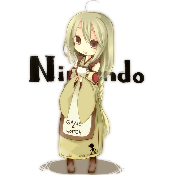 aruya (flosrota), mr. game & watch, game & watch, nintendo, bad id, bad pixiv id, 1girl, boots, brown eyes, detached sleeves, dress, female focus, green eyes, green hair, matching hair/eyes, personification, product girl, solo