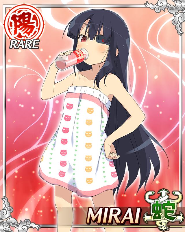 mirai (senran kagura), senran kagura, senran kagura new wave, game cg, official art, 1girl, animal print, barefoot, black hair, blunt bangs, blush, border, card (medium), cat print, character name, collarbone, dress, drinking, eyepatch, flat chest, hand on own hip, heart, heart print, long hair, looking at viewer, mitsudomoe (shape), pink dress, red eyes, sidelocks, simple background, solo, strapless, strapless dress, tomoe (symbol), two-tone dress, v-shaped eyebrows, very long hair, white background, white dress