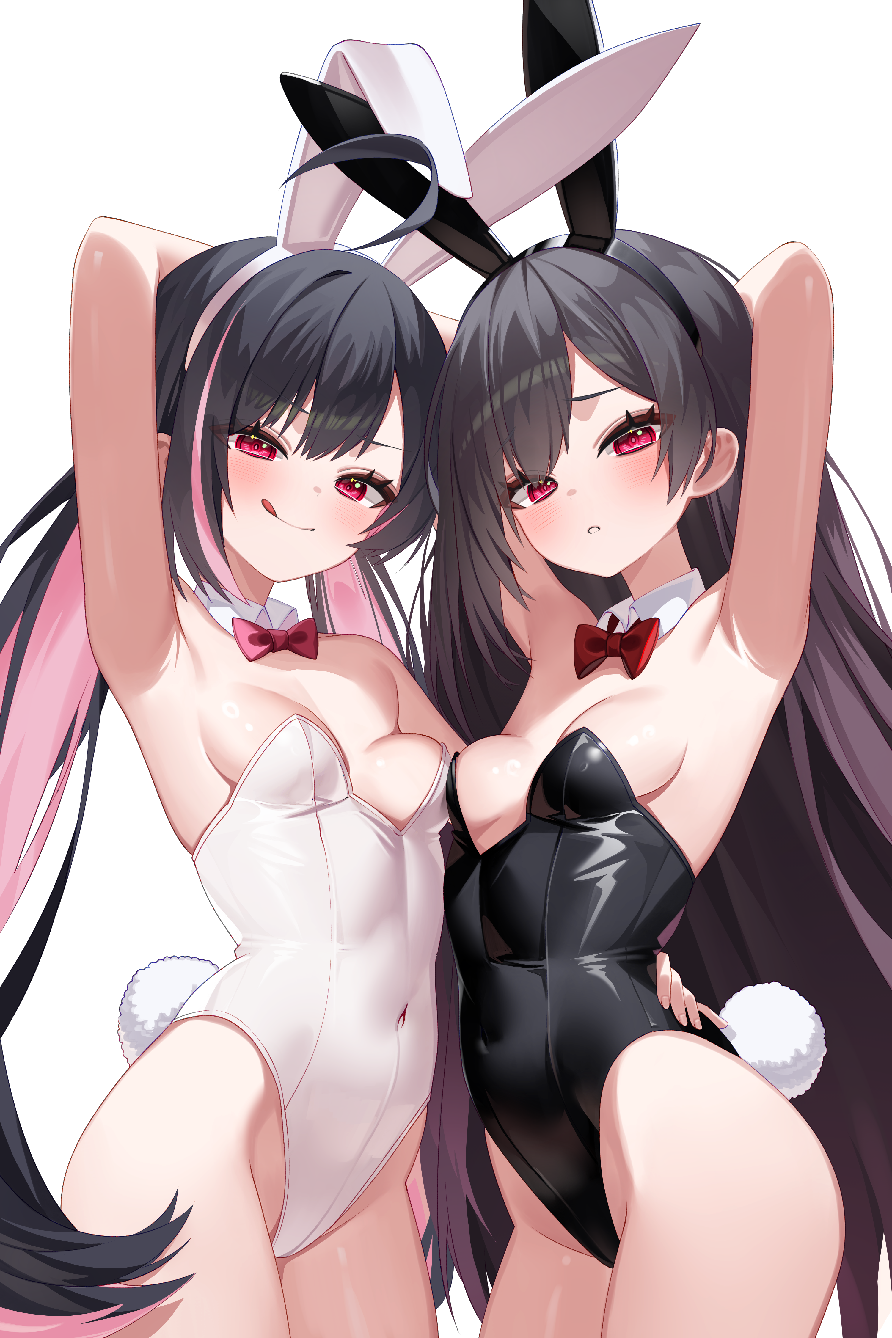 gimseol, original, absurdres, commission, highres, 2girls, :q, ahoge, animal ears, arm up, armpits, arms behind head, arms up, bare arms, bare shoulders, black hair, black hairband, black leotard, bow, bowtie, breasts, closed mouth, covered navel, cowboy shot, detached collar, fake animal ears, fake tail, hairband, hand on another's waist, highleg, highleg leotard, leotard, long hair, looking at viewer, multicolored hair, multiple girls, parted lips, pink hair, playboy bunny, rabbit ears, rabbit tail, red eyes, simple background, small breasts, smile, straight hair, strapless, strapless leotard, swept bangs, tail, thighs, tongue, tongue out, twintails, two-tone hair, v-shaped eyebrows, very long hair, white background, white hairband, white leotard