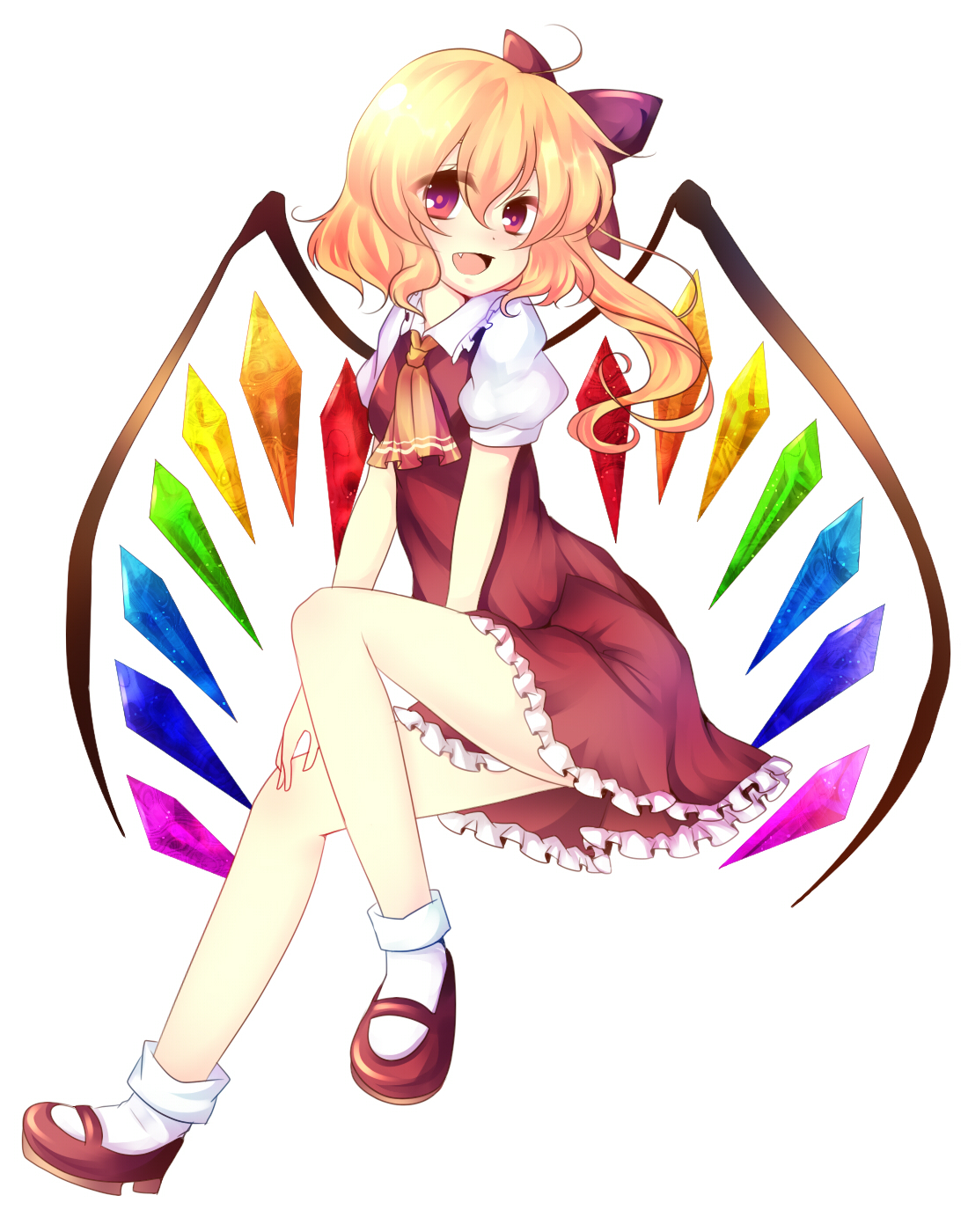 uranaishi (miraura), flandre scarlet, touhou, bad id, bad pixiv id, highres, 1girl, blonde hair, female focus, ponytail, rainbow order, red eyes, red skirt, short hair, short hair with long locks, side ponytail, skirt, solo, white background, wings