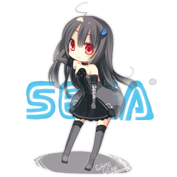 aruya (flosrota), sega, bad id, bad pixiv id, 1girl, :<, black hair, company name, female focus, gloves, handheld game console, personification, product girl, red eyes, sega game gear, solo, thighhighs, zettai ryouiki