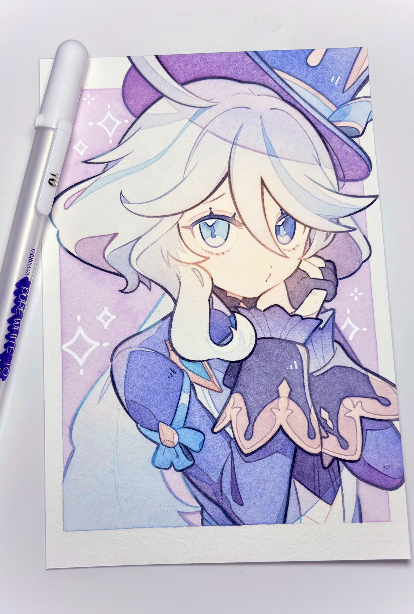 nasuke, furina (genshin impact), genshin impact, commentary request, highres, traditional media, 1girl, ahoge, art tools in frame, blue eyes, blue hair, blue hat, blue jacket, gloves, hair between eyes, hat, heterochromia, jacket, long hair, long sleeves, looking at viewer, multicolored hair, own hands clasped, own hands together, puckered lips, solo, streaked hair, symbol-shaped pupils, top hat, upper body, white hair