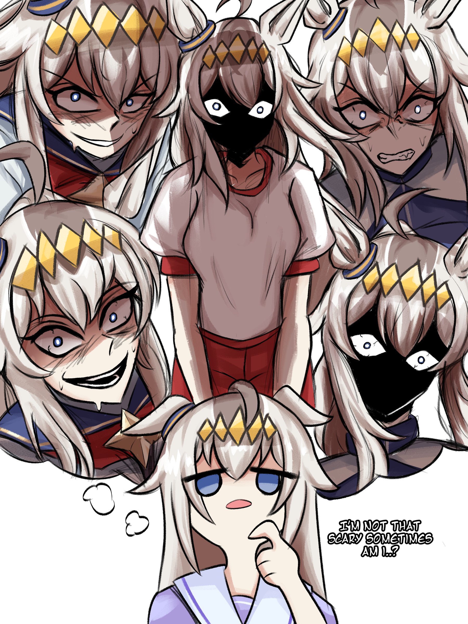 lad der, oguri cap (umamusume), umamusume, absurdres, commentary, english commentary, highres, 1girl, animal ears, blue eyes, english text, grey hair, gym uniform, horse ears, horse girl, open mouth, purple shirt, red shorts, sailor collar, school uniform, shirt, shorts, tracen school uniform, white sailor collar, white shirt