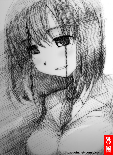 gofu, touyoko momoko, saki (manga), traditional media, 00s, 1girl, breasts, female focus, greyscale, monochrome, necktie, school uniform, short hair, sketch, smile, solo, spot color