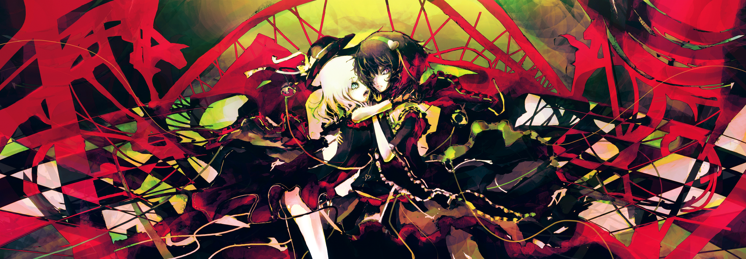 iori yakatabako, komeiji koishi, komeiji satori, touhou, highres, long image, wide image, 2girls, blonde hair, brown hair, female focus, green eyes, hairband, hat, hug, multiple girls, purple eyes, siblings, sisters