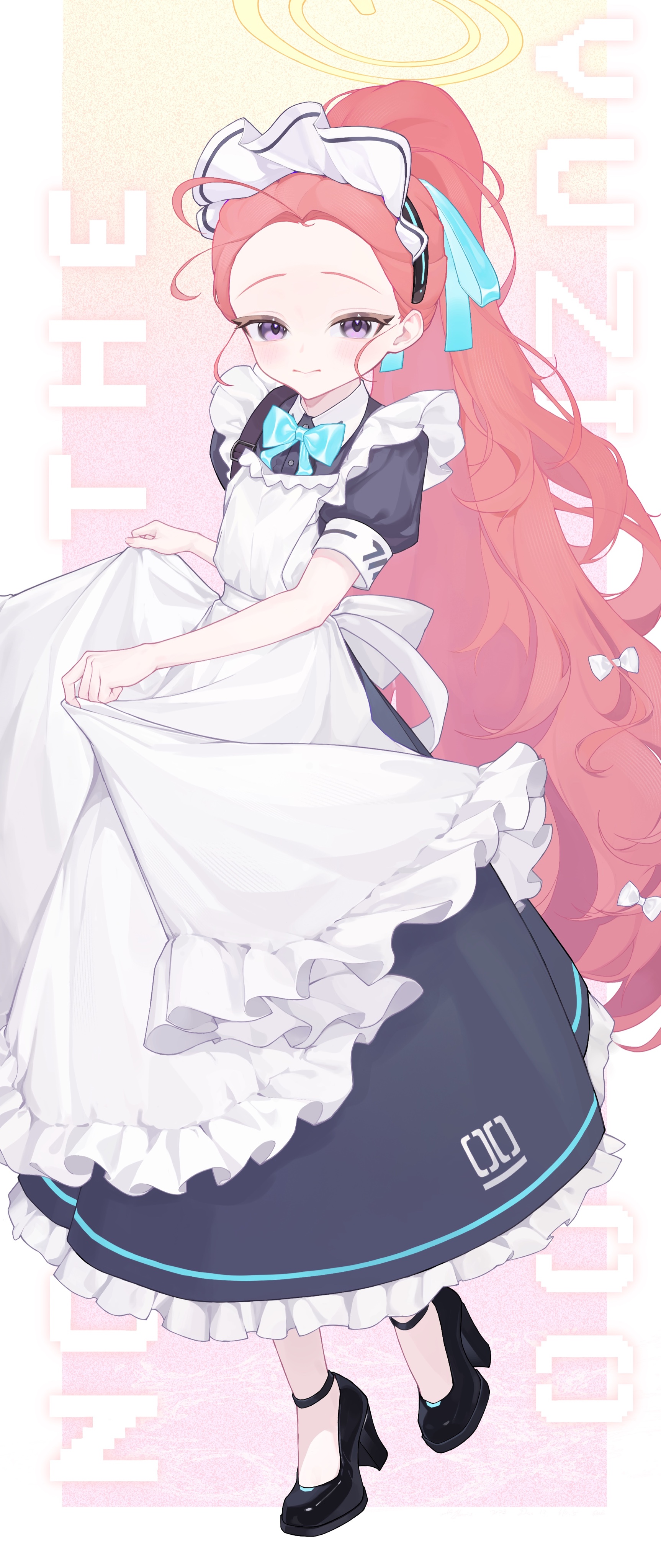 14yuruis, yuzu (blue archive), yuzu (maid) (blue archive), blue archive, 1girl, bow, full body, long hair, looking back, red bow, solo