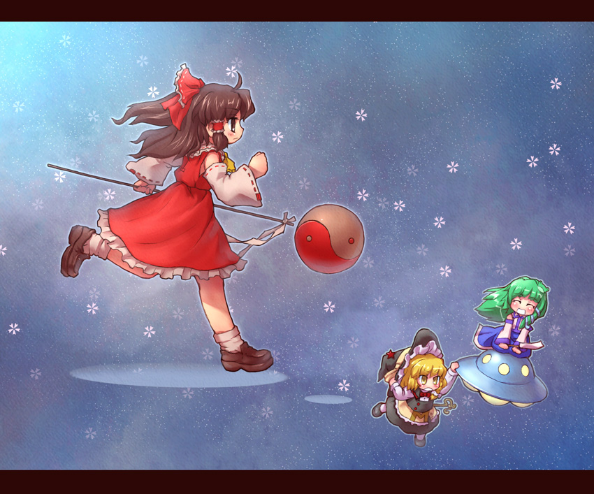 sankuma, hakurei reimu, kirisame marisa, kochiya sanae, gundam, touhou, undefined fantastic object, zeta gundam, 3girls, blonde hair, bow, braid, brown hair, chibi, detached sleeves, female focus, frog, gohei, green hair, hair bow, hair ornament, hat, japanese clothes, letterboxed, long hair, miko, multiple girls, parody, short hair, ufo, witch, witch hat, yellow eyes, yin yang