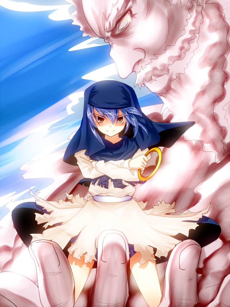 irusu, hood, kumoi ichirin, unzan, touhou, 1boy, 1girl, apron, belt, cloak, hooded cloak, long sleeves, looking at viewer, monster, red eyes, waist apron