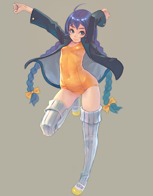 weno, original, 1girl, blue eyes, blue hair, braid, female focus, jacket, legs, matching hair/eyes, one-piece swimsuit, simple background, solo, swimsuit, thighhighs, twin braids