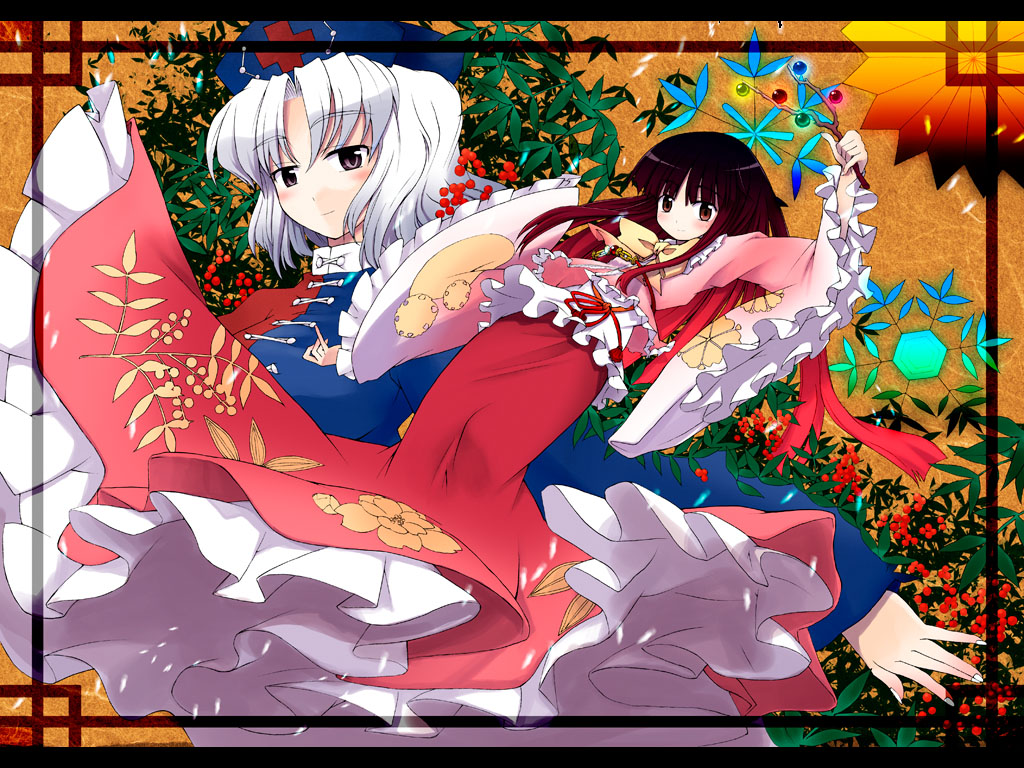 mizumoto tadashi, houraisan kaguya, yagokoro eirin, touhou, eyebrows, 2girls, adapted costume, berry, blush, bow, branch, brown eyes, brown hair, collar, female focus, floral print, flower, frilled sleeves, frills, gradient hair, hat, jacket, jeweled branch of hourai, letterboxed, long hair, long skirt, long sleeves, multicolored hair, multiple girls, nail polish, nurse cap, parted bangs, pink jacket, plant, red hair, red ribbon, red skirt, ribbon, shirt, shirt bow, skirt, skirt set, white collar, white hair, white nails, white shirt, wide sleeves, yellow bow