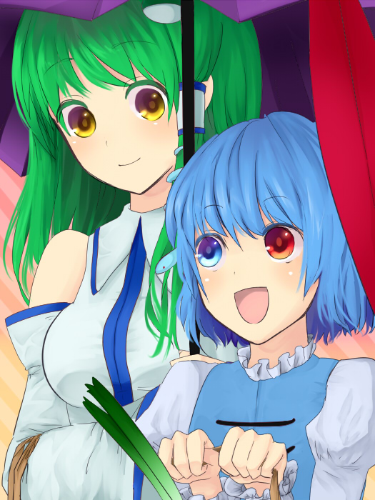 shigu, kochiya sanae, tatara kogasa, touhou, bad id, bad pixiv id, 2girls, blue eyes, blue hair, breasts, detached sleeves, female focus, frog, green hair, hair ornament, heterochromia, karakasa obake, multiple girls, red eyes, short hair, snake, tongue, umbrella, upper body, yellow eyes