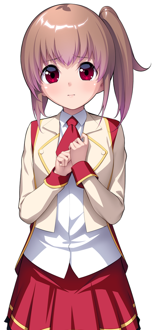 nanao (mahaya), ochite iku seisenshi lunatic angels, game cg, large variant set, non-web source, official art, variant set, 1girl, ascot, blush, brown hair, closed mouth, collared shirt, cowboy shot, hands up, jacket, long hair, long sleeves, looking at viewer, miniskirt, necktie, open clothes, open jacket, own hands together, pleated skirt, red ascot, red eyes, red necktie, red skirt, school uniform, shindou makina, shirt, side ponytail, simple background, skirt, solo, standing, transparent background, white background, white shirt, yellow jacket