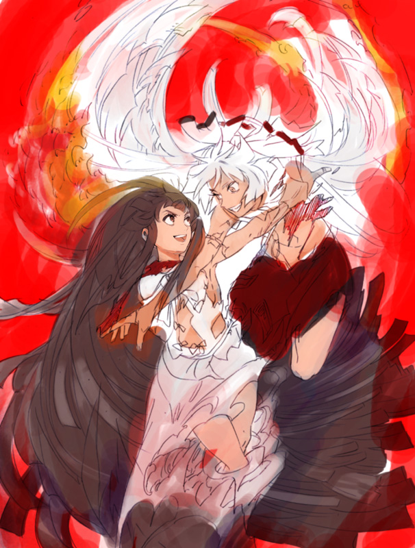 umishima senbon, fujiwara no mokou, houraisan kaguya, touhou, bad id, bad pixiv id, 2girls, battle, black hair, blood, dress, female focus, long hair, multiple girls, red eyes, short hair, smile, spiked hair, torn clothes, very long hair, white dress, white hair