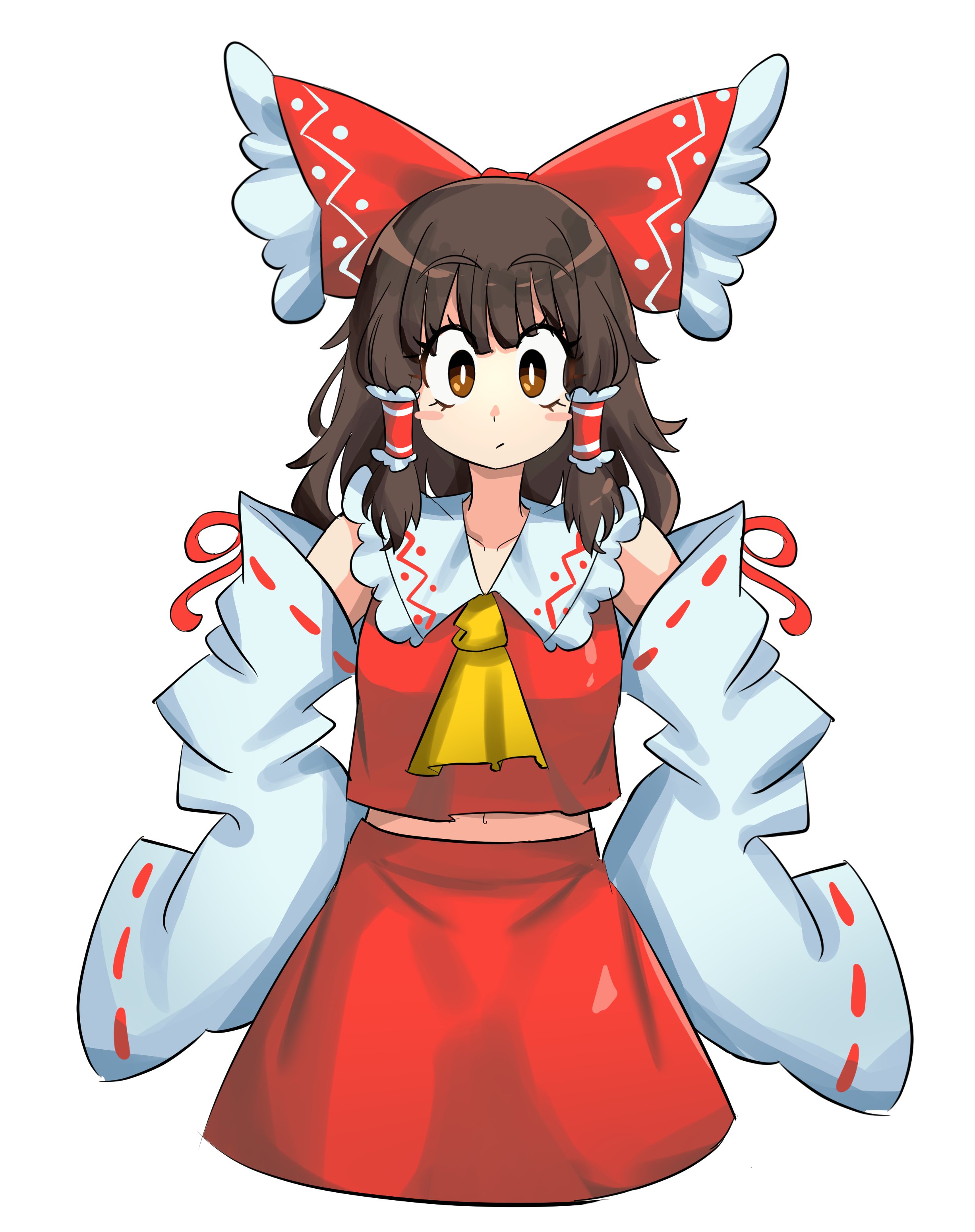 smug suriipi, hakurei reimu, touhou, absurdres, commentary, english commentary, highres, 1girl, ascot, bow, brown eyes, brown hair, collarbone, detached sleeves, frilled bow, frilled hair tubes, frills, hair bow, hair tubes, hands on own hips, looking at viewer, medium hair, midriff, navel, nontraditional miko, red bow, red shirt, red skirt, ribbon-trimmed sleeves, ribbon trim, shirt, simple background, skirt, sleeveless, sleeveless shirt, sleeves past fingers, sleeves past wrists, solo, white background, yellow ascot