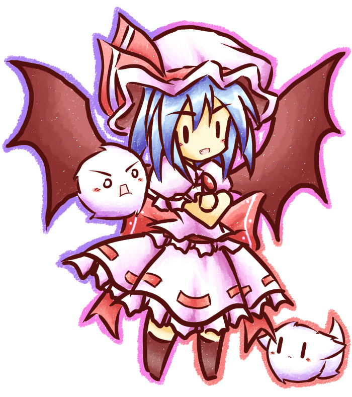 ice cube (artist), tilde (ice cube), kedama (touhou), remilia scarlet, touhou, silver hair, bad id, bad pixiv id, 1girl, bat wings, creature, dress, female focus, hat, mob cap, pink dress, simple background, solid circle eyes, solo, thighhighs, white background, wings, zettai ryouiki