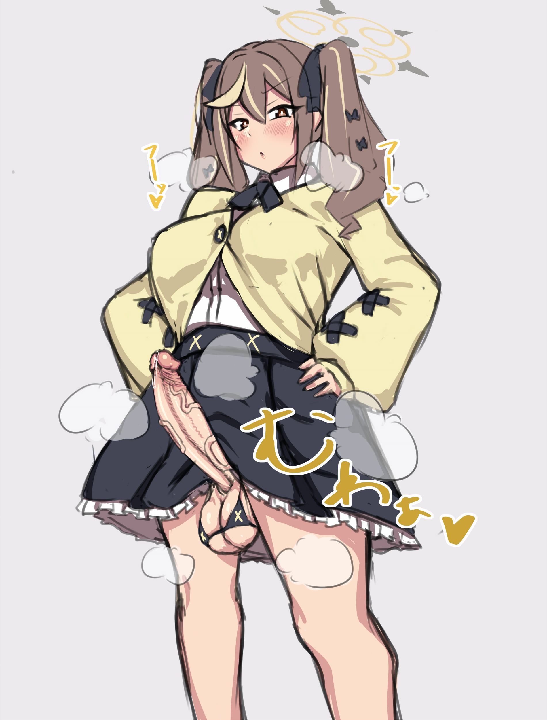 ryokutoosu, rena (blue archive), blue archive, absurdres, highres, 1girl, black skirt, blonde hair, brown eyes, cardigan, erection, feet out of frame, futanari, halo, hand on own hip, long hair, long sleeves, looking at viewer, multicolored hair, parted lips, penis, precum, shirt, simple background, skirt, solo, standing, streaked hair, testicles, twintails, uncensored, veins, veiny penis, white shirt, yellow cardigan, yellow halo