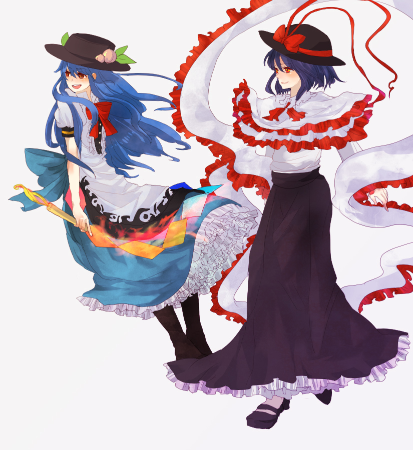 chiri (o9o9), hinanawi tenshi, nagae iku, touhou, bad id, bad pixiv id, 2girls, blue hair, bow, capelet, dress, female focus, food, frills, fruit, hat, hat ribbon, leaf, long hair, long sleeves, multiple girls, open mouth, peach, puffy sleeves, red eyes, ribbon, scarf, shawl, short hair, short sleeves, skirt, smile, sword, sword of hisou, weapon