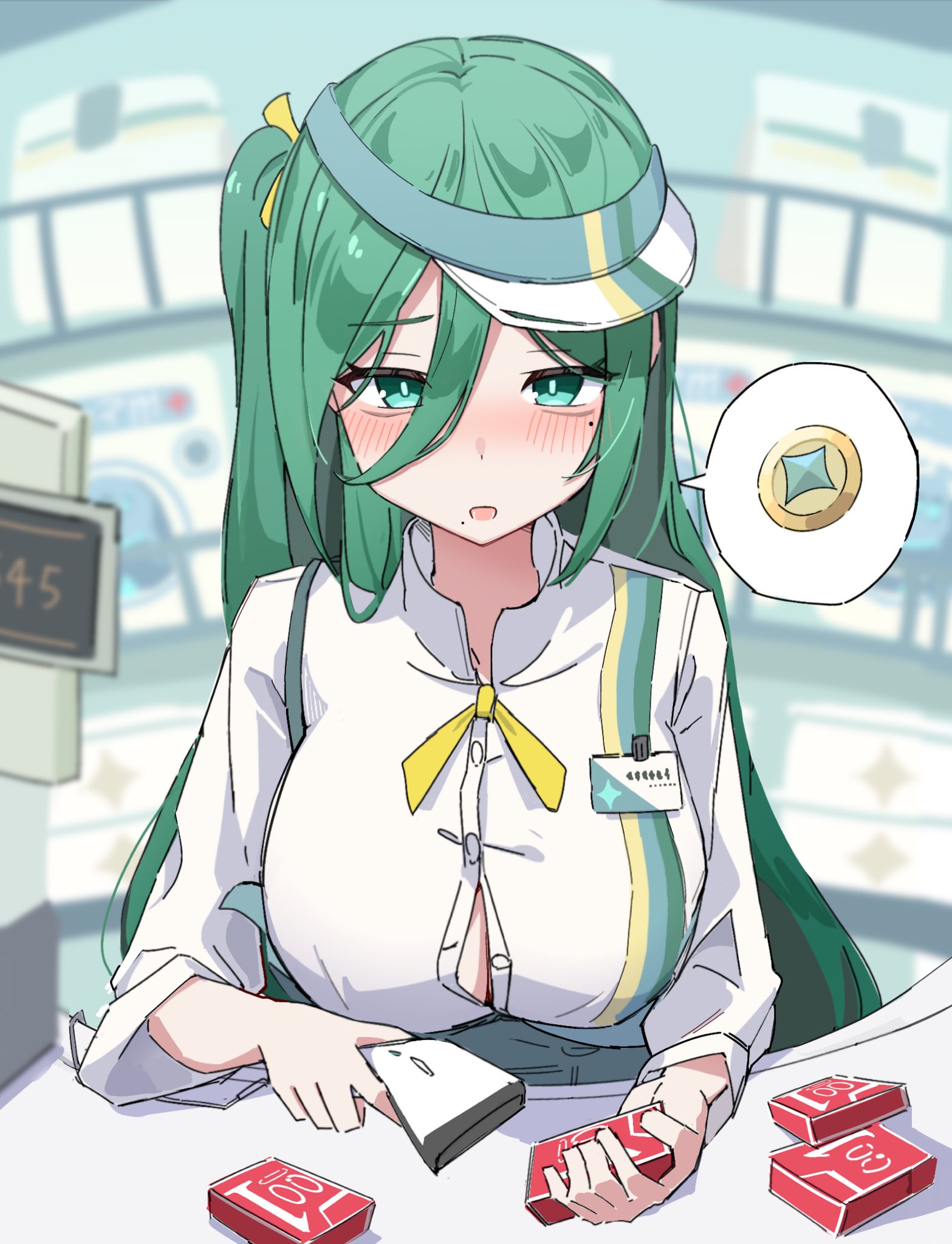 panda060, portia (stella sora), stella sora, hashtag-only commentary, highres, 1girl, blurry, blurry background, blush, breasts, buying condoms, cash register, cleavage, coin, collared shirt, condom box, convenience store, gold coin, green eyes, green hair, large breasts, long hair, looking at viewer, mole, mole under eye, mole under mouth, name tag, neck ribbon, okamoto condoms, one side up, partially unbuttoned, pov, ribbon, shirt, shop, solo, speech bubble, spoken symbol, upper body, very long hair, visor cap, white shirt, yellow ribbon