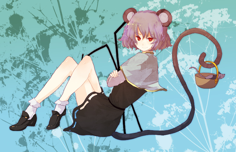 chiri (o9o9), nazrin, touhou, bad id, bad pixiv id, 1girl, animal ears, female focus, full body, mouse ears, red eyes, shoes, sitting, socks, solo, tail