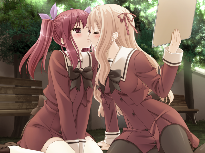 kani biimu, matsubara yuuna, oda nanami, sono hanabira ni kuchizuke wo, black legwear, white legwear, game cg, 2girls, arm support, bench, blonde hair, blush, bow, bowtie, closed eyes, couple, hair ribbon, holding, imminent kiss, kiss, long hair, multiple girls, pantyhose, red eyes, red hair, ribbon, school uniform, sidelocks, sitting, thighhighs, twintails, v arms, wariza, yuri