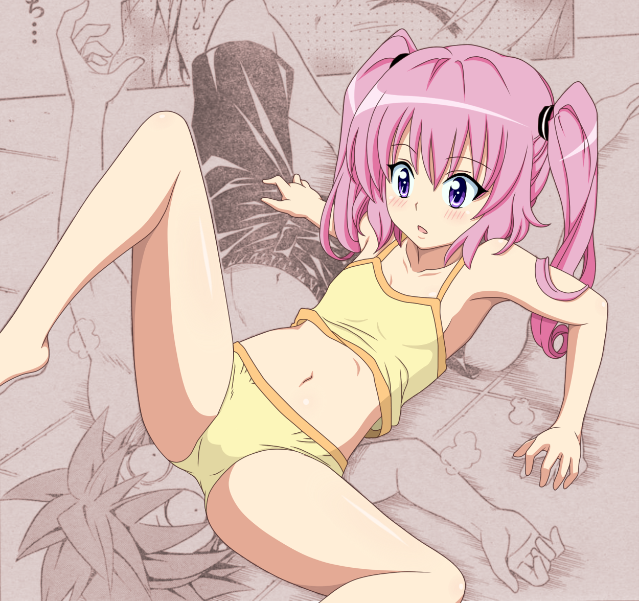 yabuki kentarou, nana asta deviluke, yuuki rito, to love-ru, colorized, 00s, 1boy, 1girl, bikini, blush, long hair, lying, navel, pink hair, purple eyes, spread legs, swimsuit, tankini, twintails