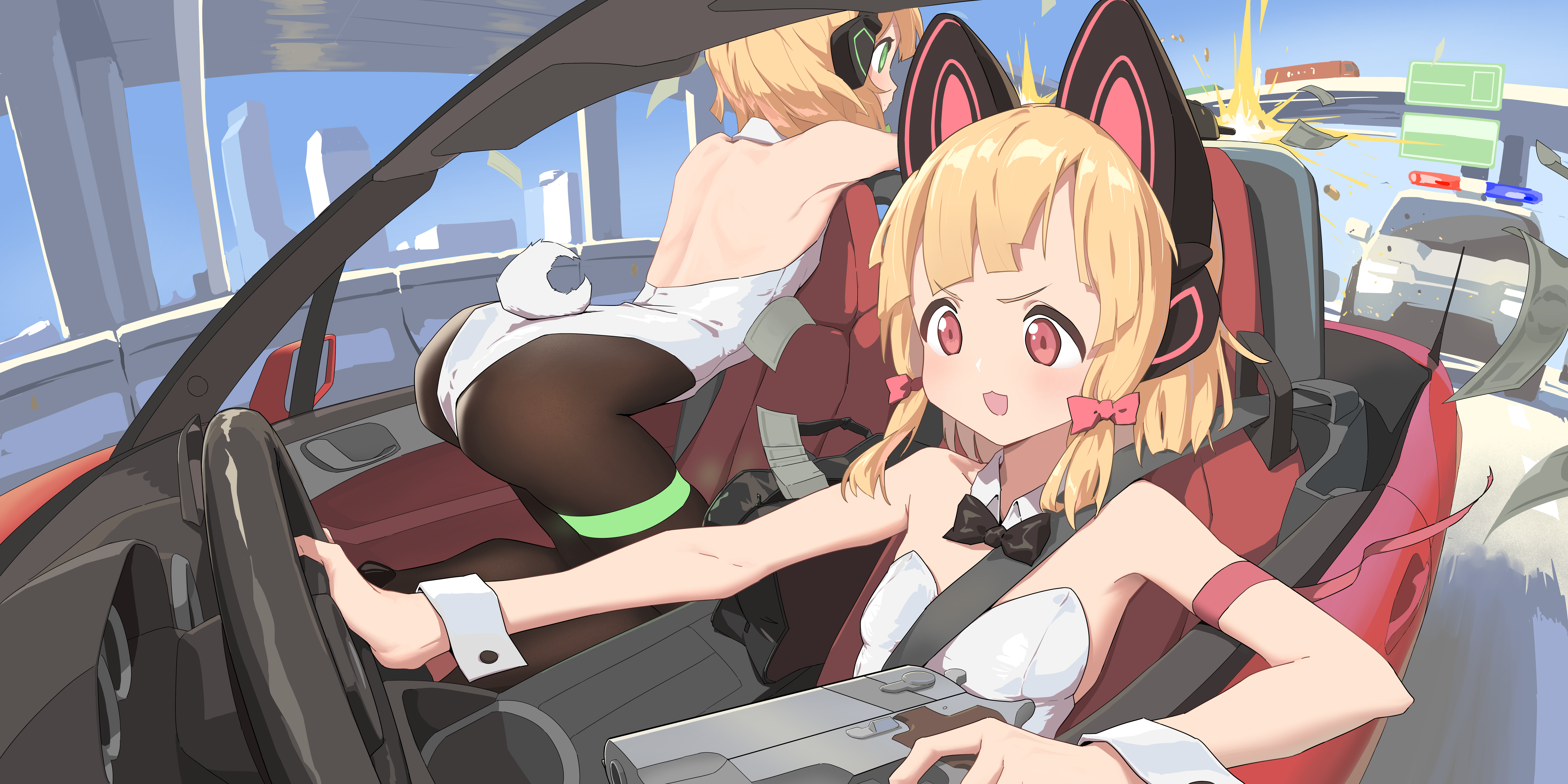 amigo (hua cao), midori (blue archive), momoi (blue archive), blue archive, absurdres, commentary, highres, incredibly absurdres, symbol-only commentary, 2girls, alternate costume, animal ear headphones, animal ears, ass, bare shoulders, black bow, black bowtie, blonde hair, bow, bowtie, breasts, car, cat ear headphones, cat ears, detached collar, driving, fake animal ears, fake tail, firing, green eyes, gun, hair bow, headphones, holding, holding gun, holding weapon, motor vehicle, multiple girls, police car, rabbit girl, rabbit tail, red bow, red eyes, siblings, sidelocks, sisters, sitting, small breasts, steering wheel, tail, twins, vehicle chase, weapon, wrist cuffs