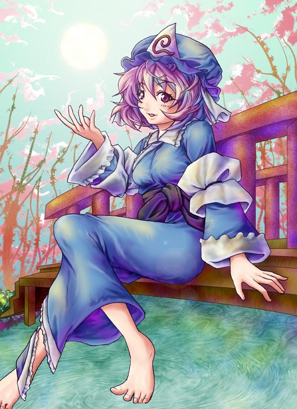 pant-3s, saigyouji yuyuko, touhou, 1girl, barefoot, breasts, dress, feet, female focus, hat, japanese clothes, nature, outdoors, pink eyes, pink hair, plant, sitting, sky, solo