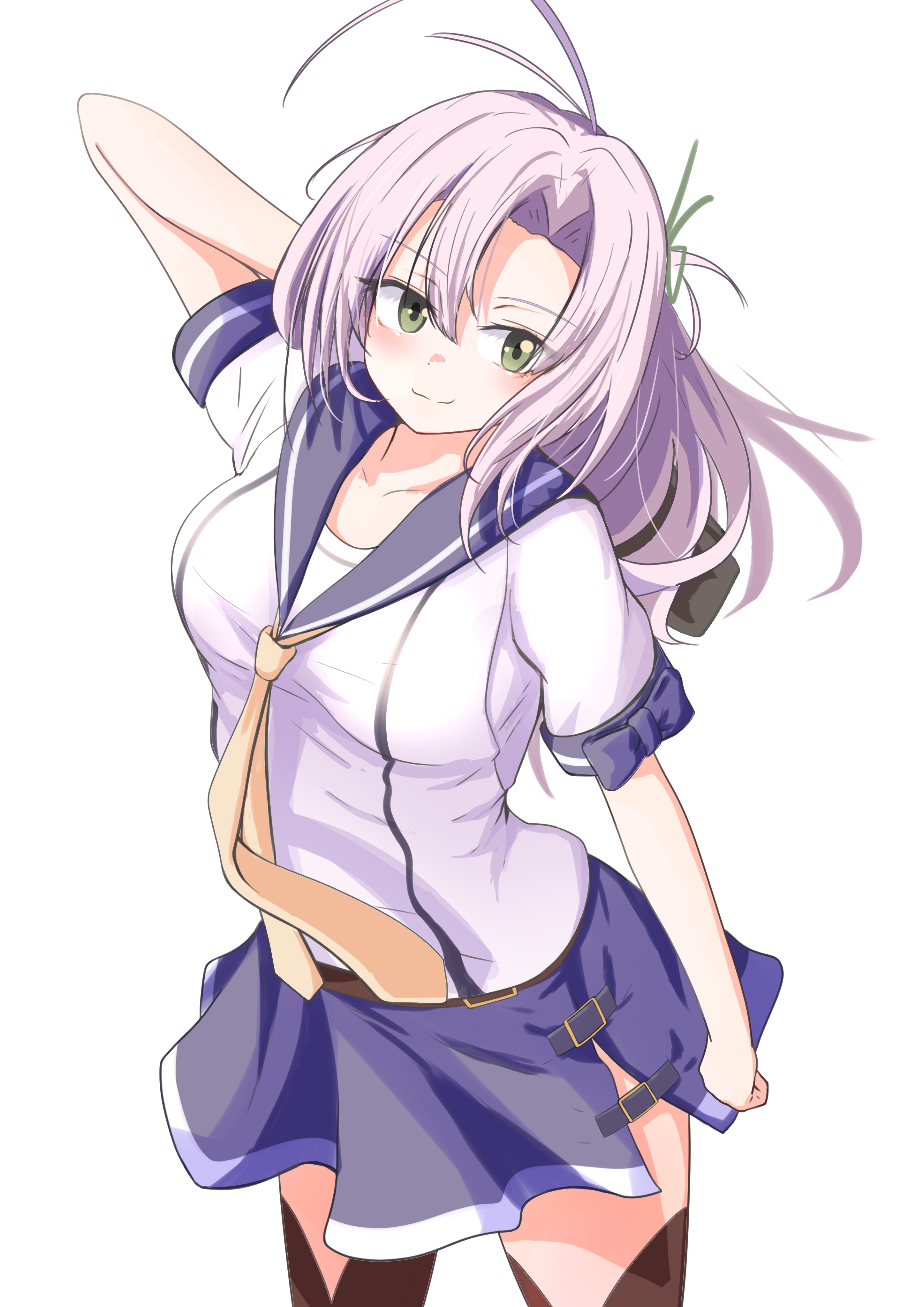 tastas, kinugasa (kancolle), kinugasa kai ni (kancolle), kantai collection, absurdres, commentary request, highres, 1girl, antenna hair, breasts, green eyes, grey hair, hair tie, long hair, looking at viewer, medium breasts, necktie, one side up, purple sailor collar, purple skirt, sailor collar, school uniform, serafuku, simple background, skirt, smile, solo, thighhighs, white background, yellow necktie