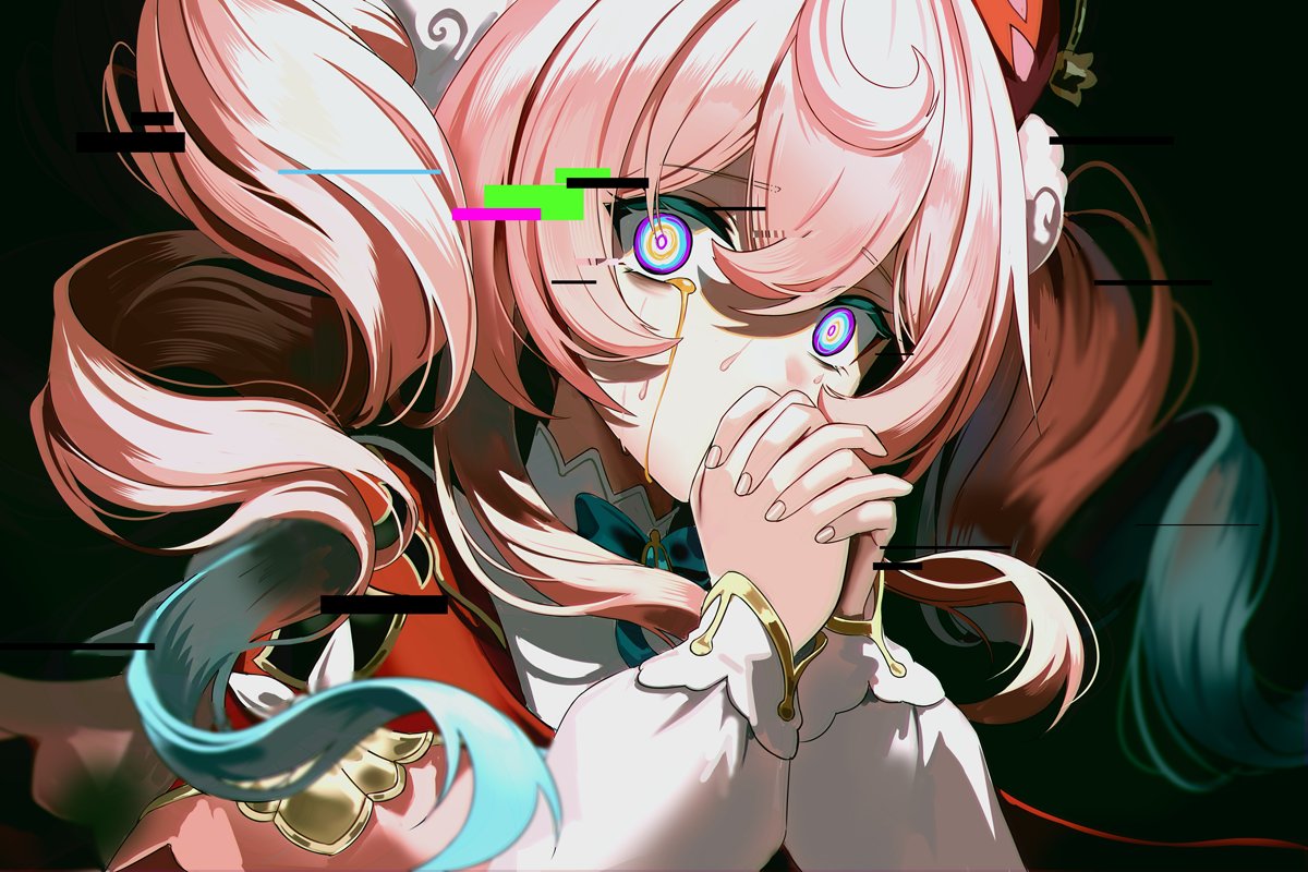 silence girl, aquila (honkai: star rail), hyacine (honkai: star rail), honkai: star rail, honkai (series), hashtag-only commentary, 1girl, alternate eye color, blood on cheek, drill hair, glitch, gold blood, multicolored eyes, pink hair, praying, puffy sleeves, solo, twin drills, upper body