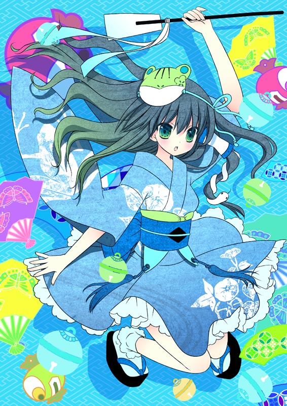 hinayuki usa, kochiya sanae, touhou, 1girl, clog sandals, female focus, frog, gohei, gradient hair, green eyes, green hair, hand fan, japanese clothes, kimono, long hair, mask, matching hair/eyes, multicolored hair, oonusa, sayagata, shippou (pattern), snake, solo, tabi