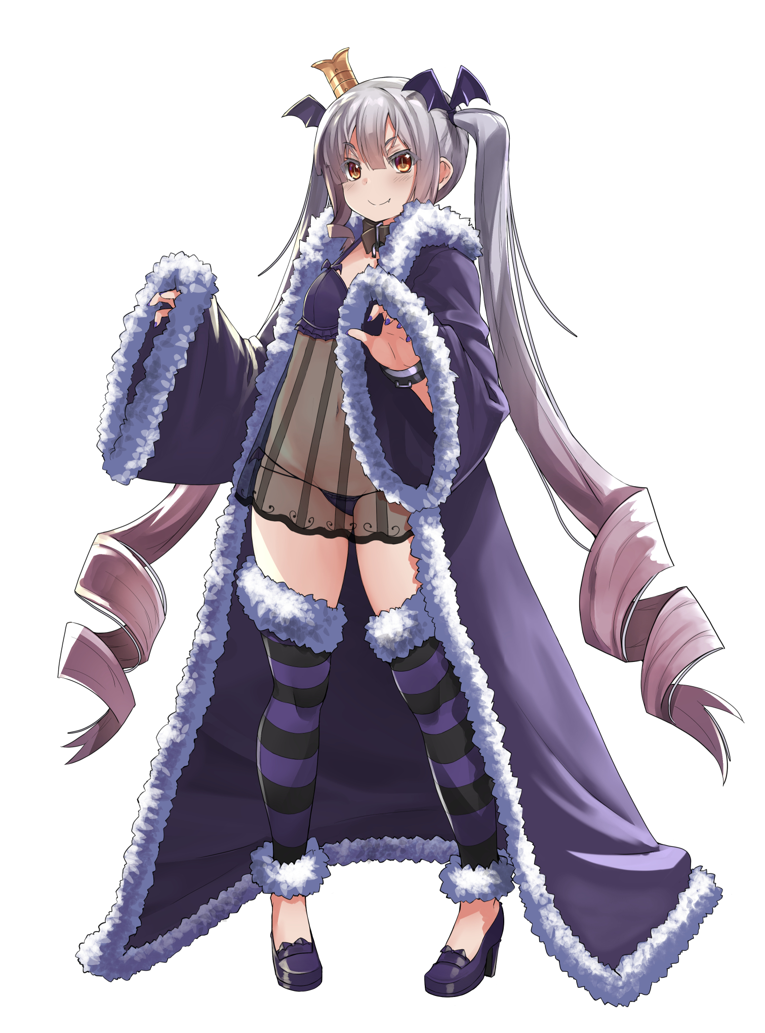 itou ryuusei, original, commentary request, highres, 1girl, black panties, brown collar, collar, crown, drill hair, fang, fang out, full body, grey hair, hair ornament, long hair, long sleeves, looking at viewer, metal wrist cuffs, mini crown, panties, pink hair, purple nails, purple shoes, shoes, simple background, smile, solo, striped leggings, underwear, white background, wing hair ornament, yellow eyes