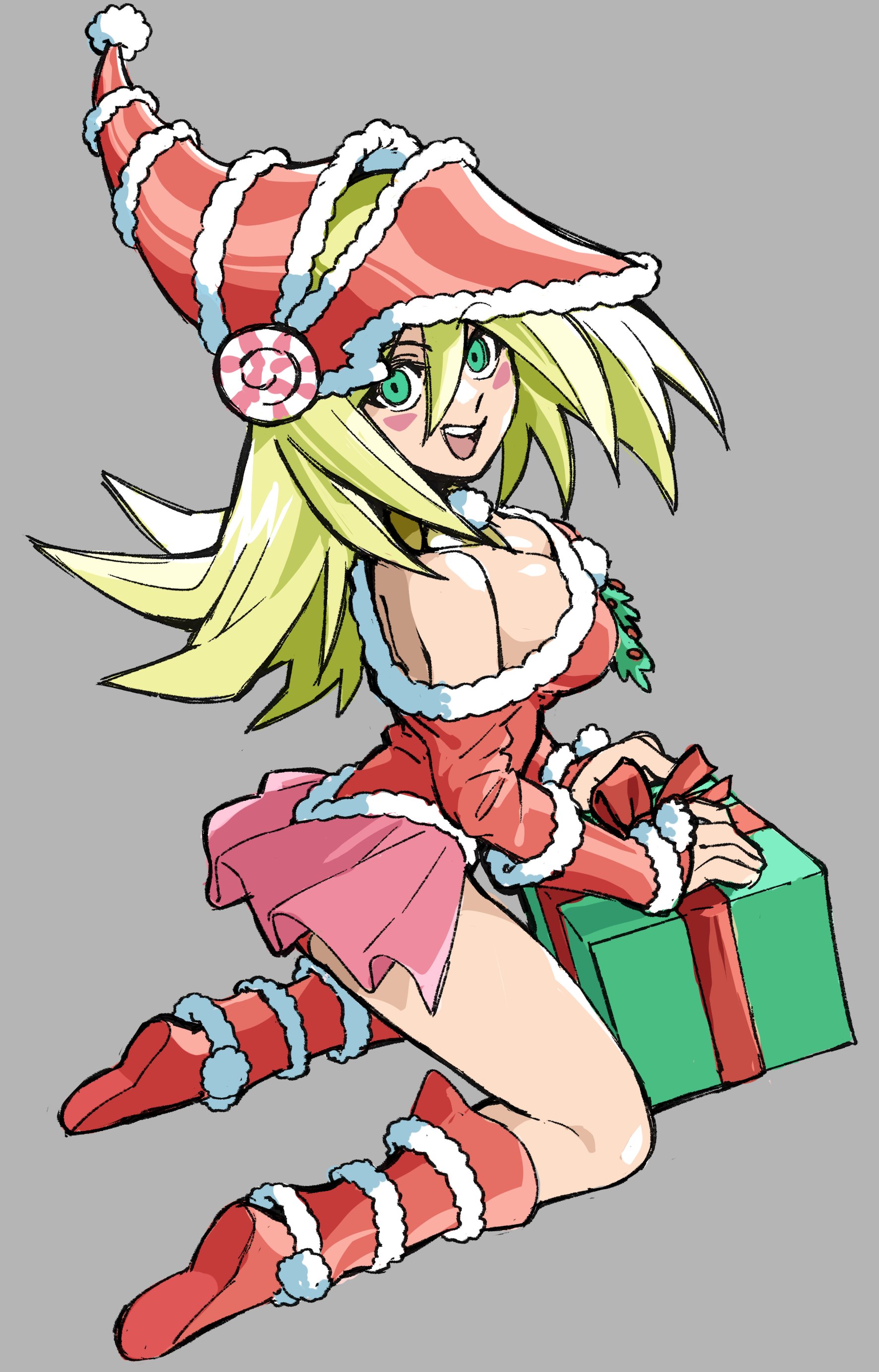 woogleboy, dark magician girl, yu-gi-oh!, absurdres, commentary, english commentary, highres, 1girl, adapted costume, alternate costume, bare shoulders, blonde hair, boots, box, breasts, cleavage, dress, facial mark, full body, fur-trimmed boots, fur-trimmed headwear, fur-trimmed leotard, fur trim, gift, gift box, green eyes, hat, kneeling, large breasts, leotard, long hair, long sleeves, looking at viewer, mistletoe, off-shoulder leotard, open mouth, phrygian helmet, red boots, red hat, red leotard, santa costume, santa dress, santa hat, showgirl skirt, smile, solo, spiked hair, teeth, upper teeth only
