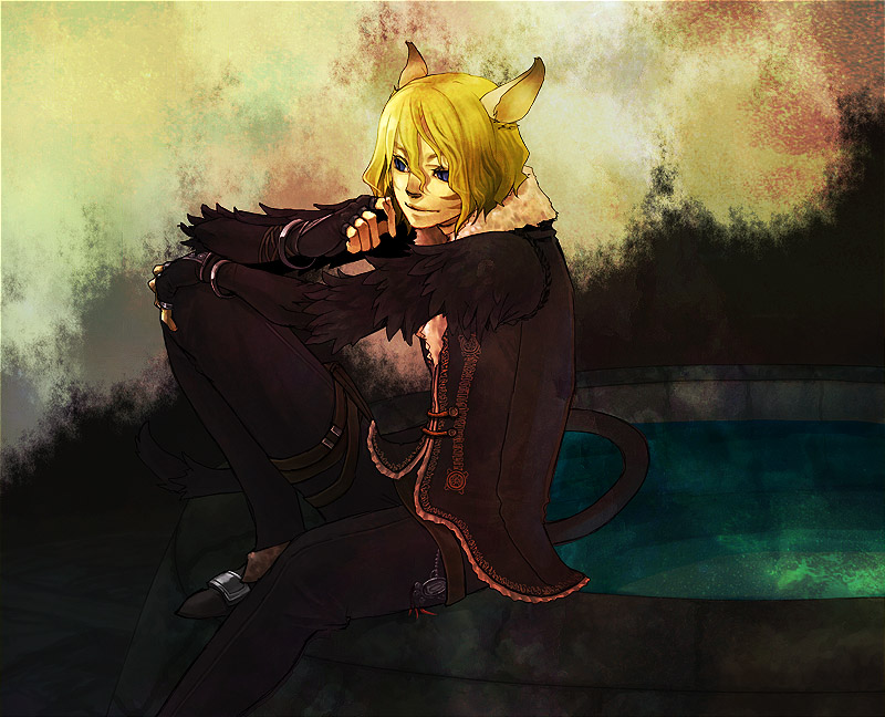 lehko habhoka, mithra (ff11), final fantasy, final fantasy xi, 00s, 1boy, animal ears, blonde hair, blue eyes, cat ears, cat tail, fingerless gloves, gloves, male focus, sitting, smile, solo, tail
