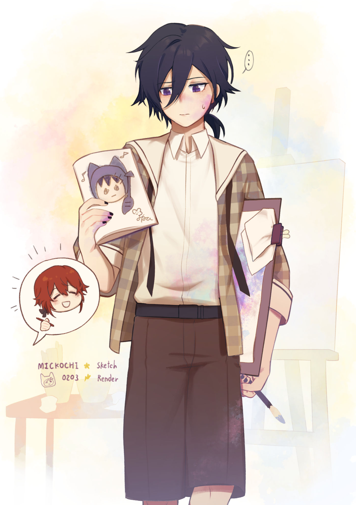 mono (bluesky), hanasaki miyabi, kanade izuru, holostars, artist collaboration, commentary, english commentary, highres, …, 2boys, :d, :|, ^ ^, arm at side, belt, black belt, black hair, black nails, brown jacket, brown shorts, canvas (object), carrying, carrying under arm, closed eyes, closed mouth, collared shirt, drawing (object), drawing board, easel, feet out of frame, hair between eyes, hand up, happy aura, holding, holding paintbrush, holding sketchbook, jacket, long hair between eyes, looking at object, low ponytail, male focus, mickochibee, multiple boys, nail polish, neck ribbon, official alternate costume, open clothes, open jacket, open mouth, paint splatter, paint splatter on face, paintbrush, paper, paperclip, plaid clothes, plaid jacket, ponytail, purple eyes, red hair, ribbon, sailor collar, shirt, shirt tucked in, short hair, short ponytail, shorts, simple background, sketchbook, smile, solo, speech bubble, spoken character, spoken ellipsis, standing, sweatdrop, table, undone neck ribbon, unhinged izuru (kanade izuru), virtual youtuber, white background, white sailor collar, white shirt