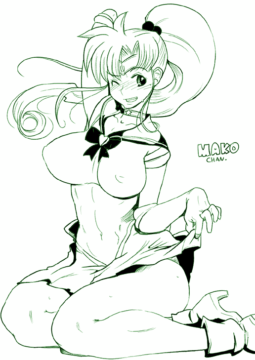 butcherboy, kino makoto, sailor jupiter, super sailor jupiter, bishoujo senshi sailor moon, 1990s (style), 1girl, blush, boots, breasts, brooch, character name, choker, clothes lift, elbow gloves, female focus, gloves, green theme, grin, hair bobbles, hair ornament, heart, heart brooch, high heels, hip focus, impossible clothes, jewelry, large breasts, legs, magical girl, monochrome, one eye closed, ponytail, retro artstyle, ribbon, shoes, sitting, skirt, skirt lift, smile, solo, sweat, thighs, wide hips, wink