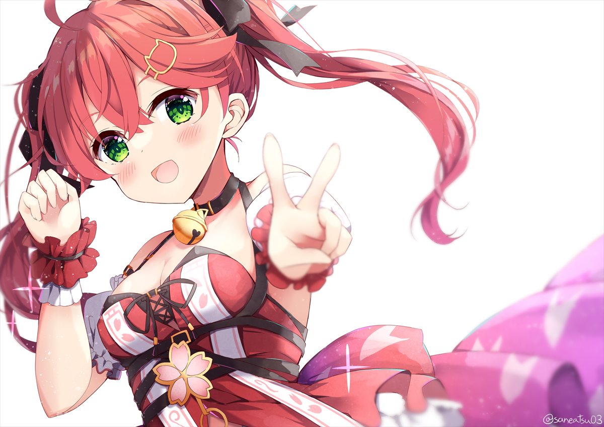 niwasane (saneatsu03), sakura miko, sakura miko (work), hololive, commentary request, 1girl, bare shoulders, bell, black collar, black ribbon, blush, breasts, cat hair ornament, cleavage, collar, crossed bangs, dress, dutch angle, floating hair, flower ornament, frilled wristband, green eyes, hair ornament, hair ribbon, hand up, long hair, looking at viewer, medium breasts, neck bell, official alternate costume, pink hair, red dress, ribbon, smile, twintails, upper body, v, virtual youtuber, white background