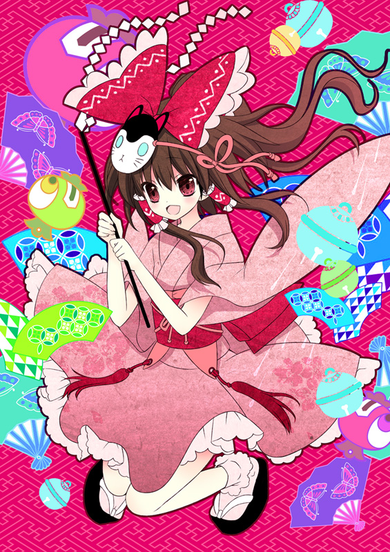 hinayuki usa, hakurei reimu, touhou, 1girl, bow, brown hair, bug, butterfly, cat, cat mask, female focus, flat chest, gohei, hair bow, hand fan, insect, japanese clothes, mask, sayagata, shippou (pattern), solo